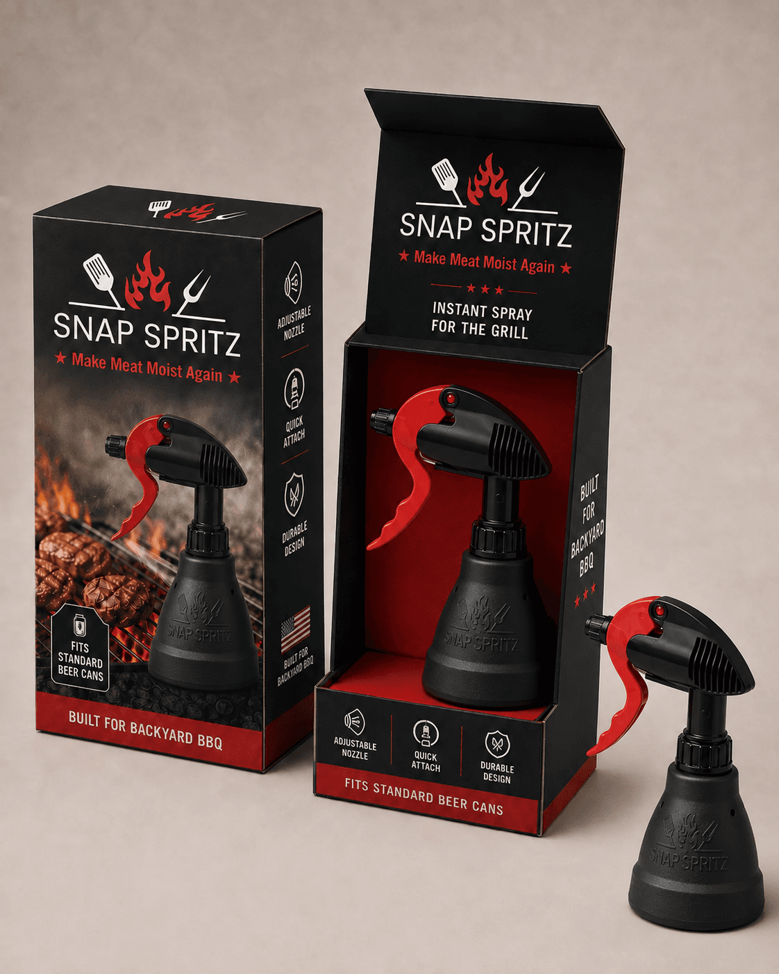 Snap Spritz retail packaging and sprayer, black bottle with red trigger beside two gift boxes reading Make Meat Moist Again