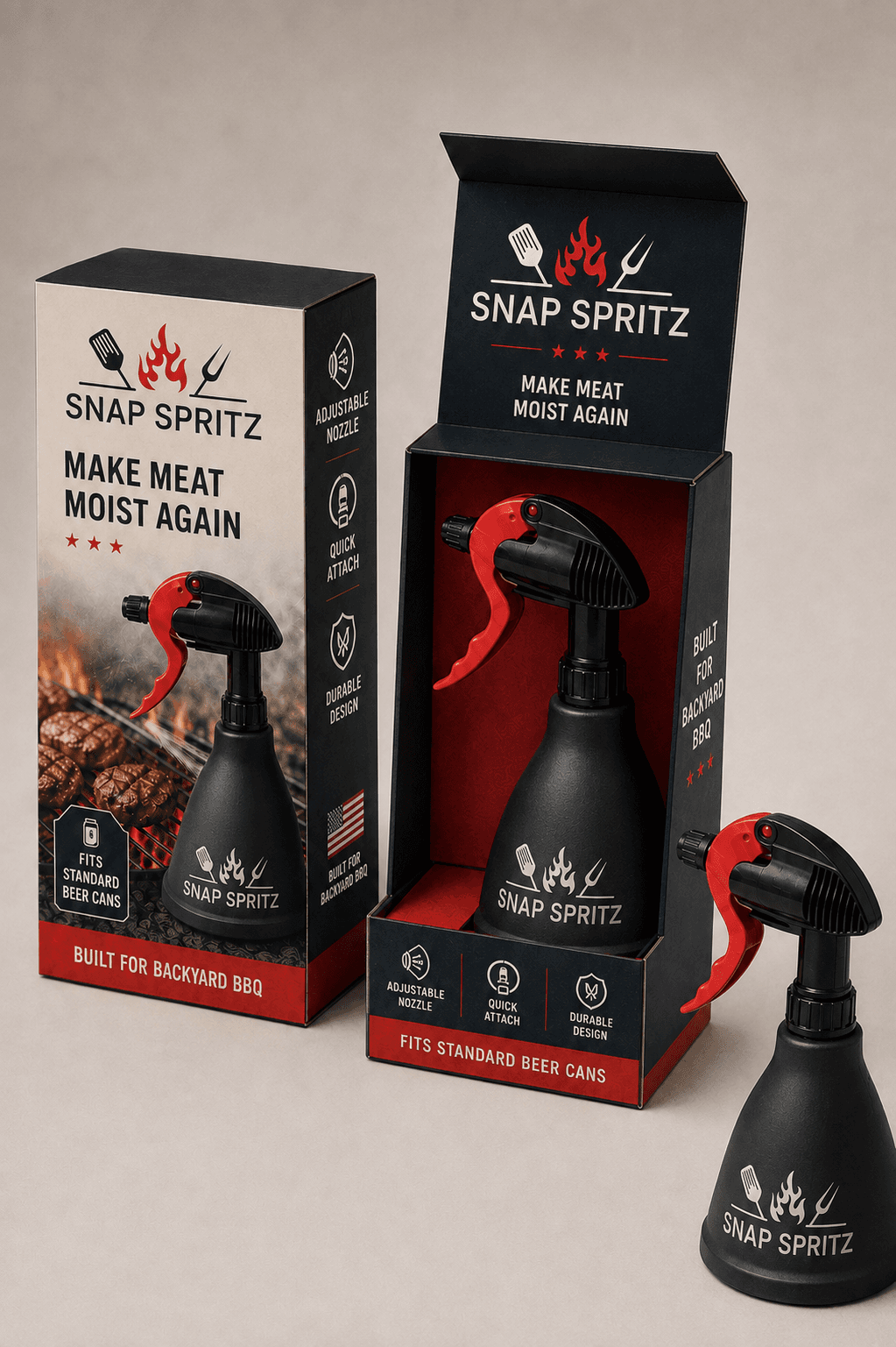 Snap Spritz retail box and open magnetic gift box with the sprayer inside