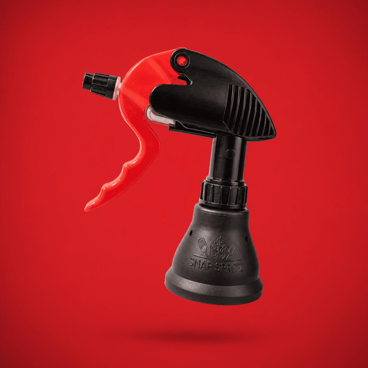 Snap Spritz assembled, black spray head with red trigger on the embossed universal can cone