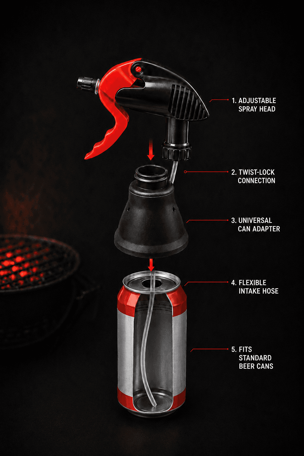 Numbered diagram of Snap Spritz: adjustable spray head, twist-lock connection, universal can adapter, flexible intake hose, and the standard can it fits